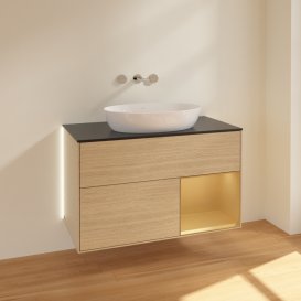 Тумба під раковину Villeroy & Boch Finion 100х50,1 см із підсвічуванням МДФ шпон дуба/скло чорне матове GA22HFPC