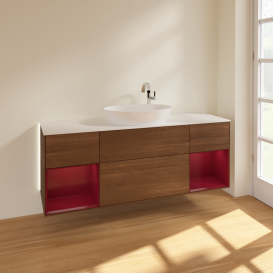 Тумба под раковину Villeroy & Boch Finion 160х50,1 см с подсветкой МДФ шпон грецкого ореха/стекло белое матовое G981HBGN