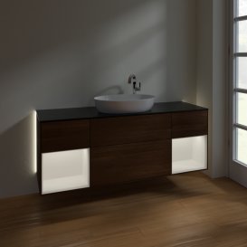 Тумба под раковину Villeroy & Boch Finion 160х50,1 см с подсветкой МДФ шпон грецкого ореха/стекло черное матовое G982MTGN