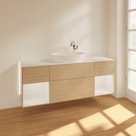 Тумба під раковину Villeroy & Boch Finion 160х50,1 см із підсвічуванням МДФ шпон дуба/скло біле матове G981GFPC