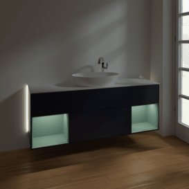 Тумба під раковину Villeroy & Boch Finion 160х50,1 см із підсвічуванням МДФ темно-синій матовий лак/скло біле матове G981GMHG