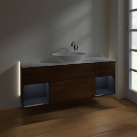 Тумба под раковину Villeroy & Boch Finion 160х50,1 см с подсветкой МДФ шпон грецкого ореха/стекло белое матовое G981HGGN