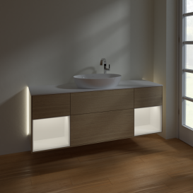 Тумба под раковину Villeroy & Boch Finion 160х50,1 см с подсветкой МДФ шпон дуба/стекло белое матовое G981MTPC