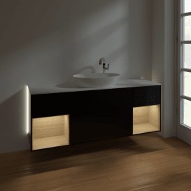 Тумба під раковину Villeroy & Boch Finion 160х50,1 см із підсвічуванням МДФ чорний матовий лак/скло біле матове G981PCPD