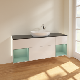 Тумба під раковину Villeroy & Boch Finion 160х50,1 см з підсвічуванням МДФ білий глянцевий лак/скло чорне матове G982GMGF