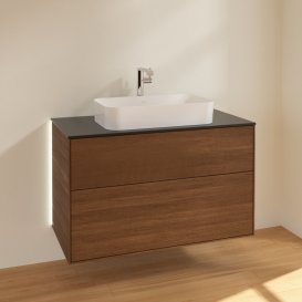 Тумба под раковину Villeroy & Boch Finion 100х50,1 см с подсветкой МДФ шпон грецкого ореха/стекло черное матовое G23200GN