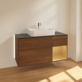 Тумба под раковину Villeroy & Boch Finion 120х50,1 см с подсветкой МДФ шпон грецкого ореха/стекло черное матовое G172HFGN