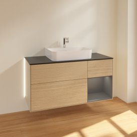 Тумба під раковину Villeroy & Boch Finion 120х50,1 см із підсвічуванням МДФ шпон дуба/скло чорне матове G172GKPC