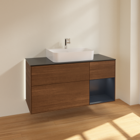 Тумба під раковину Villeroy & Boch Finion 120х50,1 см із підсвічуванням МДФ шпон волоського горіха/скло чорне матове G172HGGN