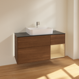 Тумба під раковину Villeroy & Boch Finion 120х50,1 см із підсвічуванням МДФ шпон волоського горіха/скло чорне матове G172PCGN