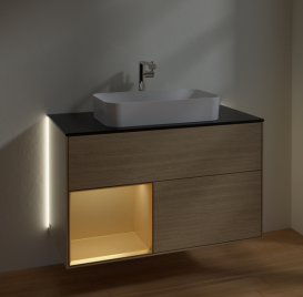 Тумба під раковину Villeroy & Boch Finion 100х50,1 см із підсвічуванням МДФ шпон дуба/скло чорне матове G242HFPC