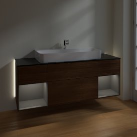 Тумба под раковину Villeroy & Boch Finion 160х50,1 см с подсветкой МДФ шпон грецкого ореха/стекло черное матовое G212GKGN