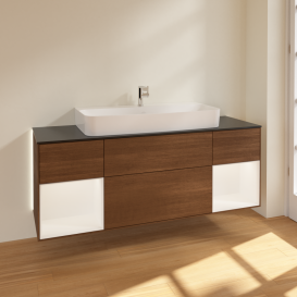 Тумба под раковину Villeroy & Boch Finion 160х50,1 см с подсветкой МДФ шпон грецкого ореха/стекло черное матовое G212MTGN