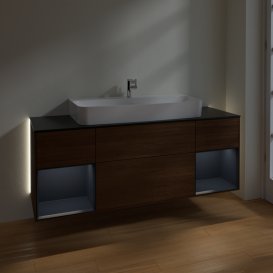 Тумба під раковину Villeroy & Boch Finion 160х50,1 см із підсвічуванням МДФ шпон волоського горіха/скло чорне матове G212HGGN