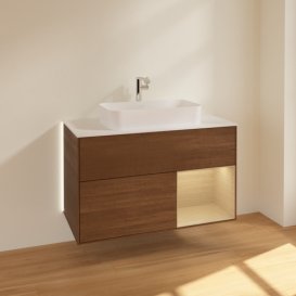 Тумба под раковину Villeroy & Boch Finion 100х50,1 см с подсветкой МДФ шпон грецкого ореха/стекло белое матовое G251PCGN