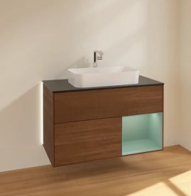 Тумба под раковину Villeroy & Boch Finion 100х50,1 см с подсветкой МДФ шпон грецкого ореха/стекло черное матовое G252GMGN