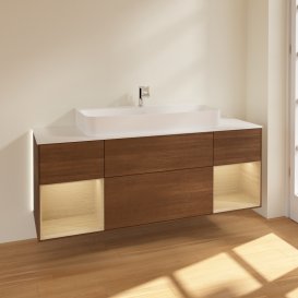 Тумба под раковину Villeroy & Boch Finion 160х50,1 см с подсветкой МДФ шпон грецкого ореха/стекло белое матовое G211PCGN