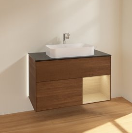 Тумба под раковину Villeroy & Boch Finion 100х50,1 см с подсветкой МДФ шпон грецкого ореха/стекло черное матовое G252PCGN