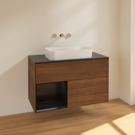 Тумба под раковину Villeroy & Boch Finion 100х50,1 см с подсветкой МДФ шпон грецкого ореха/стекло черное матовое F652PDGN