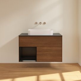 Тумба под раковину Villeroy & Boch Finion 100х50,1 см с подсветкой МДФ шпон грецкого ореха/стекло черное матовое F652PDGN