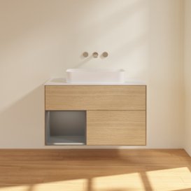 Тумба під раковину Villeroy & Boch Finion 100х50,1 см із підсвічуванням МДФ шпон дуба/скло біле матове F651GKPC