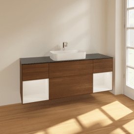 Тумба під раковину Villeroy & Boch Finion 160х50,1 см із підсвічуванням МДФ шпон волоського горіха/скло чорне матове F332GFGN
