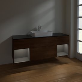 Тумба під раковину Villeroy & Boch Finion 160х50,1 см із підсвічуванням МДФ шпон волоського горіха/скло чорне матове F332GKGN