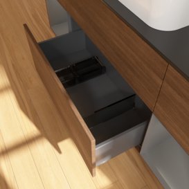 Тумба під раковину Villeroy & Boch Finion 160х50,1 см із підсвічуванням МДФ шпон волоського горіха/скло чорне матове F332GKGN