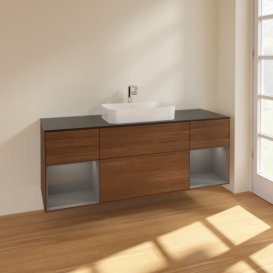 Тумба під раковину Villeroy & Boch Finion 160х50,1 см із підсвічуванням МДФ шпон волоського горіха/скло чорне матове F332GKGN