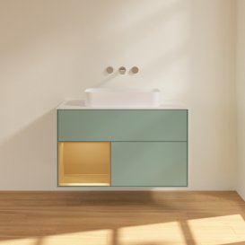 Тумба під раковину Villeroy & Boch Finion 100х50,1 см із підсвічуванням МДФ оливковий матовий лак/скло біле матове F651HFGM