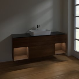 Тумба под раковину Villeroy & Boch Finion 160х50,1 см с подсветкой МДФ шпон грецкого ореха/стекло черное матовое F332GNGN