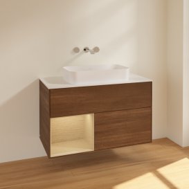 Тумба под раковину Villeroy & Boch Finion 100х50,1 см с подсветкой МДФ шпон грецкого ореха/стекло белое матовое F651PCGN