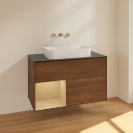 Тумба під раковину Villeroy & Boch Finion 100х50,1 см із підсвічуванням МДФ шпон волоського горіха/скло чорне матове F652PCGN