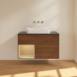 Тумба під раковину Villeroy & Boch Finion 100х50,1 см із підсвічуванням МДФ шпон волоського горіха/скло чорне матове F652PCGN