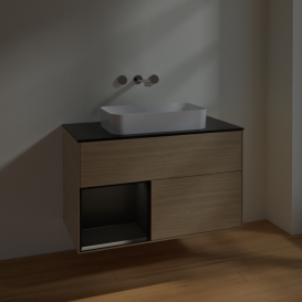 Тумба под раковину Villeroy & Boch Finion 100х50,1 см с подсветкой МДФ шпон дуба/стекло черное матовое F652PDPC