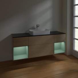 Тумба під раковину Villeroy & Boch Finion 160х50,1 см із підсвічуванням МДФ шпон дуба/скло чорне матове F332GMPC