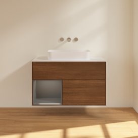 Тумба под раковину Villeroy & Boch Finion 100х50,1 см с подсветкой МДФ шпон грецкого ореха/стекло белое матовое G651GKGN