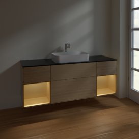 Тумба под раковину Villeroy & Boch Finion 160х50,1 см с подсветкой МДФ шпон дуба/стекло черное матовое F332HFPC