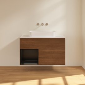 Тумба під раковину Villeroy & Boch Finion 100х50,1 см із підсвічуванням МДФ шпон волоського горіха/скло біле матове G651PDGN