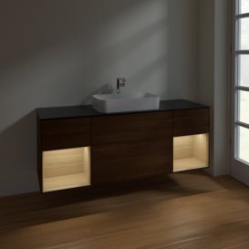 Тумба под раковину Villeroy & Boch Finion 160х50,1 см с подсветкой МДФ шпон грецкого ореха/стекло черное матовое F332PCGN