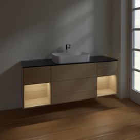 Тумба под раковину Villeroy & Boch Finion 160х50,1 см с подсветкой МДФ шпон дуба/стекло черное матовое F332PCPC