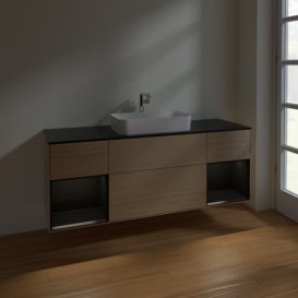 Тумба під раковину Villeroy & Boch Finion 160х50,1 см із підсвічуванням МДФ шпон дуба/скло чорне матове F332PDPC