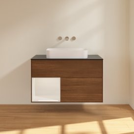 Тумба под раковину Villeroy & Boch Finion 100х50,1 см с подсветкой МДФ шпон грецкого ореха/стекло черное матовое G652GFGN