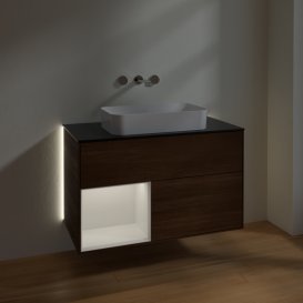 Тумба под раковину Villeroy & Boch Finion 100х50,1 см с подсветкой МДФ шпон грецкого ореха/стекло черное матовое G652GFGN