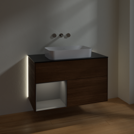 Тумба под раковину Villeroy & Boch Finion 100х50,1 см с подсветкой МДФ шпон грецкого ореха/стекло черное матовое G652GKGN