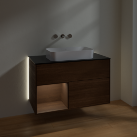 Тумба под раковину Villeroy & Boch Finion 100х50,1 см с подсветкой МДФ шпон грецкого ореха/стекло черное матовое G652GNGN