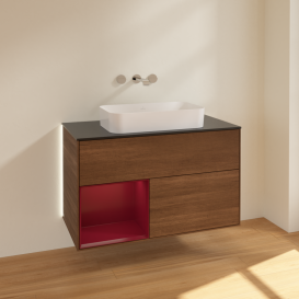 Тумба під раковину Villeroy & Boch Finion 100х50,1 см із підсвічуванням МДФ шпон волоського горіха/скло чорне матове G652HBGN