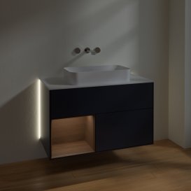 Тумба під раковину Villeroy & Boch Finion 100х50,1 см із підсвічуванням МДФ темно-синій матовий лак/скло біле матове G651GNHG
