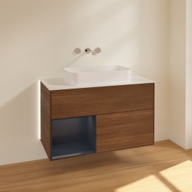 Тумба під раковину Villeroy & Boch Finion 100х50,1 см із підсвічуванням МДФ шпон волоського горіха/скло біле матове G651HGGN