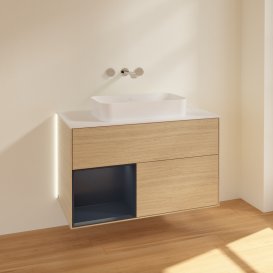 Тумба під раковину Villeroy & Boch Finion 100х50,1 см із підсвічуванням МДФ шпон дуба/скло біле матове G651HGPC